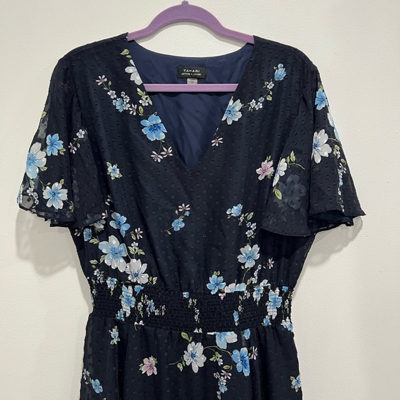 Tahari Blue Floral V-Neck Dress with Sleeves - Picture 5 of 8